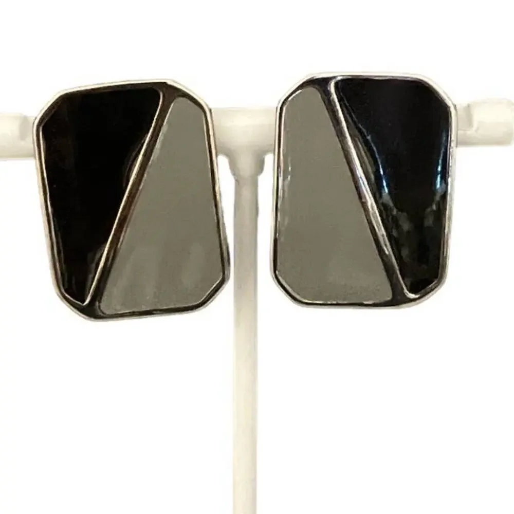 Vintage Clip-on Earrings Black Gray Enamel